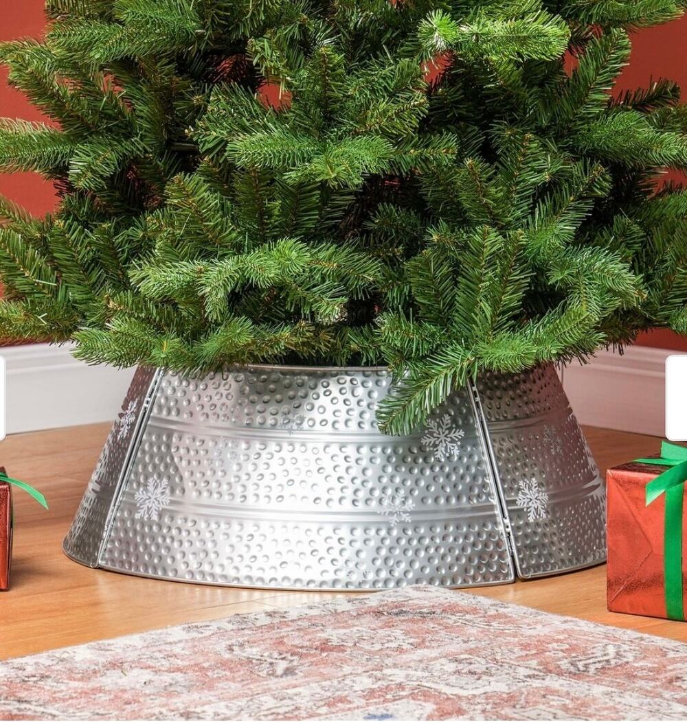Galvanized Metal Christmas Tree Collar – Silver Snowflake Design